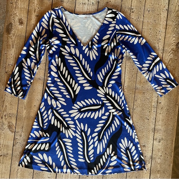 Diane Von Furstenburg DVF Blue Kaden Rivera Buds Leaf Silk Dress Size 8 - Picture 1 of 14